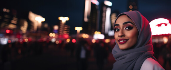 A fashionable hijab complements the cosmopolitan flair in this night scene.