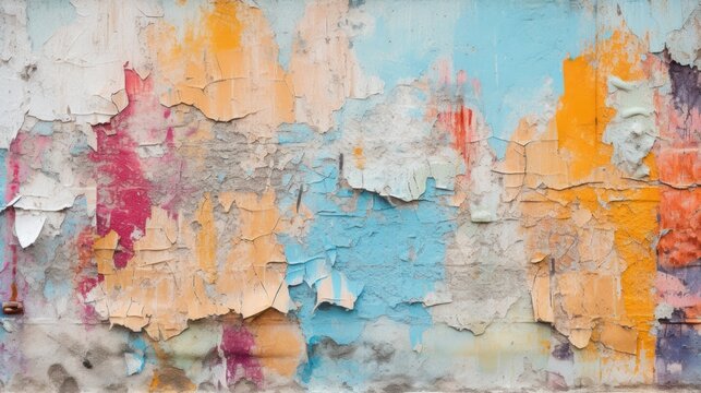 Colorful stains under crumbling gray paint on shabby wall of grungy building on street