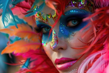 A close-up shot of a woman with vibrant, colorful makeup, showcasing bold and artistic designs that exude confidence and creativity