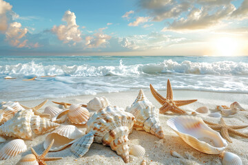 Fototapeta na wymiar A beach scene with a large number of shells