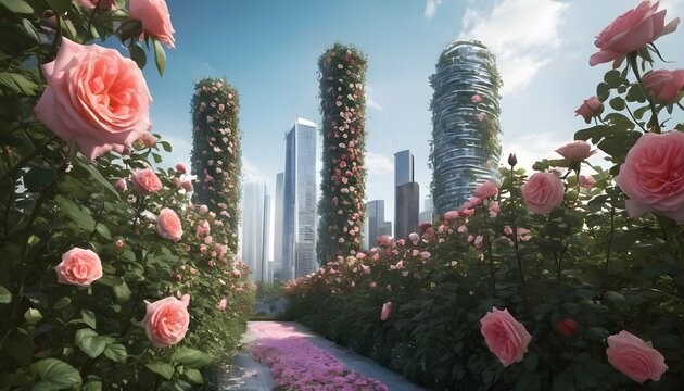 Imagine A Rose Garden In A Futuristic City Where