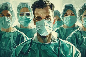 A group of doctors in surgical masks prepare to treat patients in a medical setting, displaying unity and readiness to combat health challenges - obrazy, fototapety, plakaty