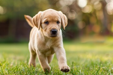 A lively ginger Labrador puppy with a wagging tail joyfully running through the vibrant green grass of a park, enjoying the freedom and fresh air
