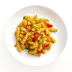 Pasta cooked on a white plate on a white background, pasta with vegetables, pasta with cheese.