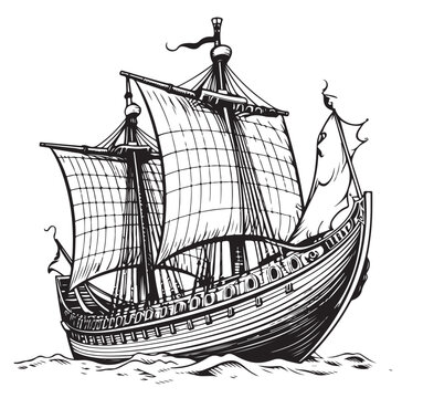 Viking ship. Medieval military boat with sails Vintage Vector illustration