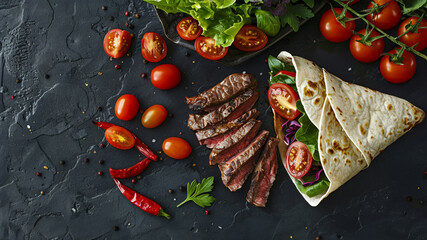 Meat Burrito, Tortilla wraps with soft sliced roasted and ribeye steak, cherry tomatoes, red peppers and salad on a dark slate background.