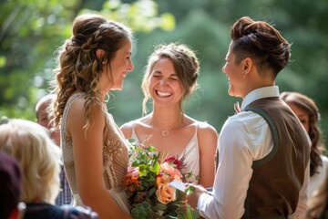 Two women, dressed elegantly, stand side by side with beaming smiles, radiating love and happiness at an LGBTQ wedding celebration