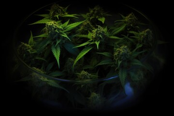 An illustrated representation of a marijuana plant in dark shades, surrounded by the iconic imagery of hemp - obrazy, fototapety, plakaty