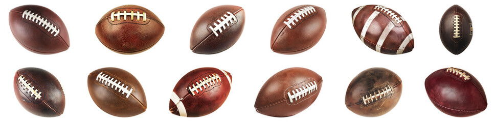 Variety of American footballs isolated cut out on transparent background