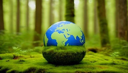Obraz na płótnie Canvas Globe On Moss In Forest - Environmental Concept created with generative ai 
