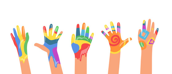 Diverse kids hands in colorful paint with creative artistic patterns raised up set isolated on white