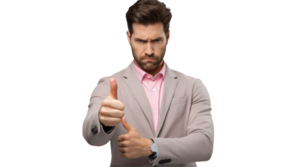 A man with a beard and pink dress shirt is making a thumbs down gesture at an event. He is wearing a suit with a microphone clipped to his collar on transparent