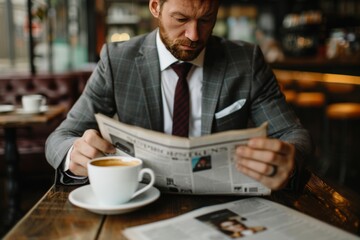 Businessman in suit sitting at desk and catching up on morning news while enjoying a cup of coffee