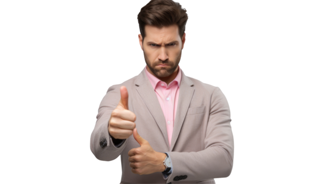 A man with a beard and pink dress shirt is making a thumbs down gesture at an event. He is wearing a suit with a microphone clipped to his collar on transparent - Powered by Adobe