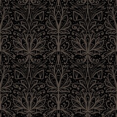 Seamless pattern with an ornament consisting of imitation precious stones and decorations, leaves and curls, flowers on a dark background. Suitable for interior, wallpaper, fabrics, clothing, statione