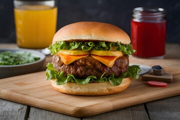 Veggie burger on toasted bun topped with crisp lettuce