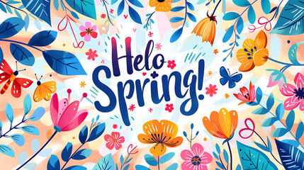 illustration features the words "Hello Spring!" surrounded by vibrant flowers