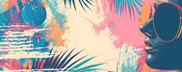 Summer party flyer background with girl face in sunglasses, palm leaf, colored strokes and copy space. Pop art colored banner for summer vibes, travel, vacation, menu. - obrazy, fototapety, plakaty