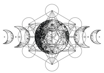 Metatron Cube. Moon pagan Wicca moon goddess symbol. Three-faced Goddess, Maiden, Mother, Crone isolated vector illustration. Tattoo, astrology, alchemy, boho and magic symbol. Coloring book..