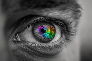 Afwasbaar fotobehang A detailed close-up of a persons eye reveals a mesmerizing rainbow-colored iris © Konstiantyn Zapylaie