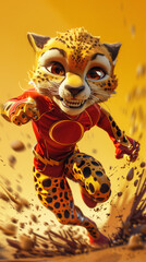 Cheetah character. Running cheetah. Fast cheetah. Cheetah in full sprint. Cut cheetah in red outfit. Superhero cheetah. Fastest cheetah. 3D cheetah character. 3D cartoon cheetah sprinting. - obrazy, fototapety, plakaty