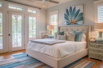 Coastal style bedroom with modern design, natural light, and art