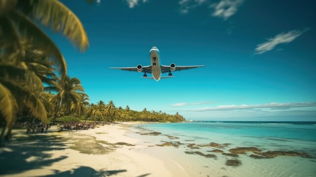 Concept of airplane travel to exotic destination with shadow of commercial airplane flying above beautiful tropical beach.