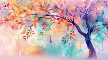 Floral tree with multicolor pastel leaves. Illustration background, abstraction wallpaper