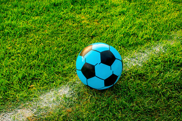 Imagen horizontal de una pelota color azul sobre una cancha de Soccer o futbol 