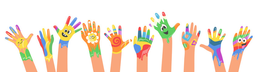 Colorful painted kids hands with creative ornaments and rainbow patterns on palms and fingers