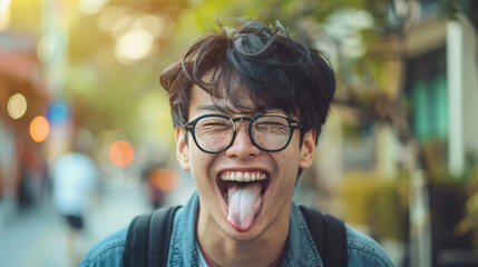 happy asian man sticking tongue out