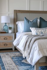 Coastal style bedroom interior with elegant bedding and decorative pillows