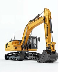 A yellow excavator in the style of simple and realistic style on a white background, with high resolution product rendering effect and professional photography lighting, shown in high detail