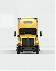 A golden yellow white background, front view of the new creative design concept semi truck, with black and silver chrome accents. The composition is symmetrical, with high contrast lighting 