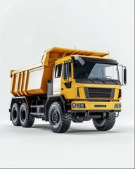 A yellow heavy truck, with the right side of its body facing forward and placed on a white background. The overall shape is simple yet powerful, presenting an industrial style. It features realistic r