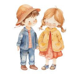 Cute watercolor boy and girl holding hands. Watercolor children vector illustration