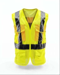 High visibility yellow vest with black stripes, front view, white background, product shot, product photography, studio lighting, high resolution, hyper realistic