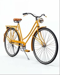  yellow bicycle with black wheels and an elegant leather seat, resting on its side against the...
