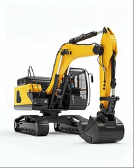 3D render of yellow and black excavator against a white background for product photography, illuminated by studio lighting. The render is in the style of studio product photography.