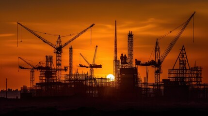 Obraz premium Construction site, cranes and scaffolding silhouette.