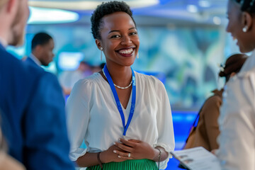 Engaging Networking Professional. An ebullient black woman converses with peers at a corporate event, her smile radiating positivity and confidence in a networking setting. - obrazy, fototapety, plakaty