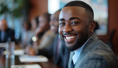 Smiling Businessman at Professional Conference. Charismatic businessman with a beaming smile participating in a professional conference among colleagues. - obrazy, fototapety, plakaty