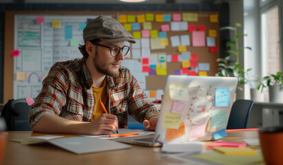 Focused Creative Planner. A young, stylish man in a cap is deeply focused on his laptop, surrounded by a burst of colorful brainstorming notes in a creative workspace.