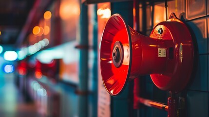 A close-up picture of a fire alarm horn speaker is used to announce commercials for the company. - obrazy, fototapety, plakaty