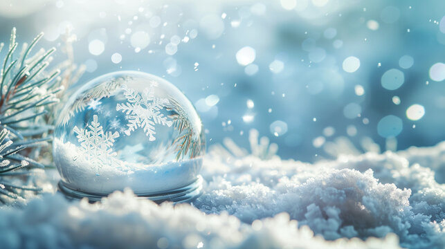 A snow globe with falling snowflakes, creating an enchanting winter scene. The background is blurred to highlight the crystal ball and its delicate snowflake design in the style of no artist.


