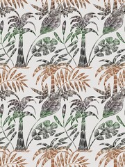 Seamless pattern with tropical plants, palm trees, monstera, tropical leaves, banana leaves on a light background, hand drawn hatching pattern. Suitable for interior, wallpaper, fabrics, clothing, sta