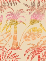 Seamless pattern with tropical plants, palm trees, monstera, tropical leaves, banana leaves on a light background, hand drawn hatching pattern. Suitable for interior, wallpaper, fabrics, clothing, sta