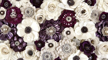 a close up of a bunch of flowers on a white and purple surface with a diamond brooch in the center. - obrazy, fototapety, plakaty