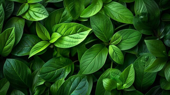 Close-up of green leaves offers a fresh leaf pattern overlay, creating a natural foliage texture and background