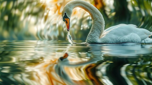 A Swan With Its Reflection Distorted In The Rippli ai generated high quality image